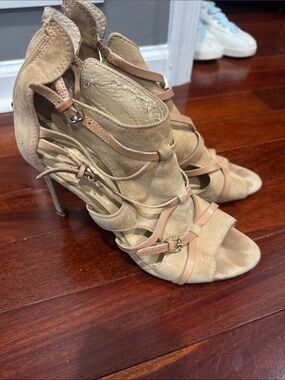 Suede Strappy High-Heel Sandals in Nude